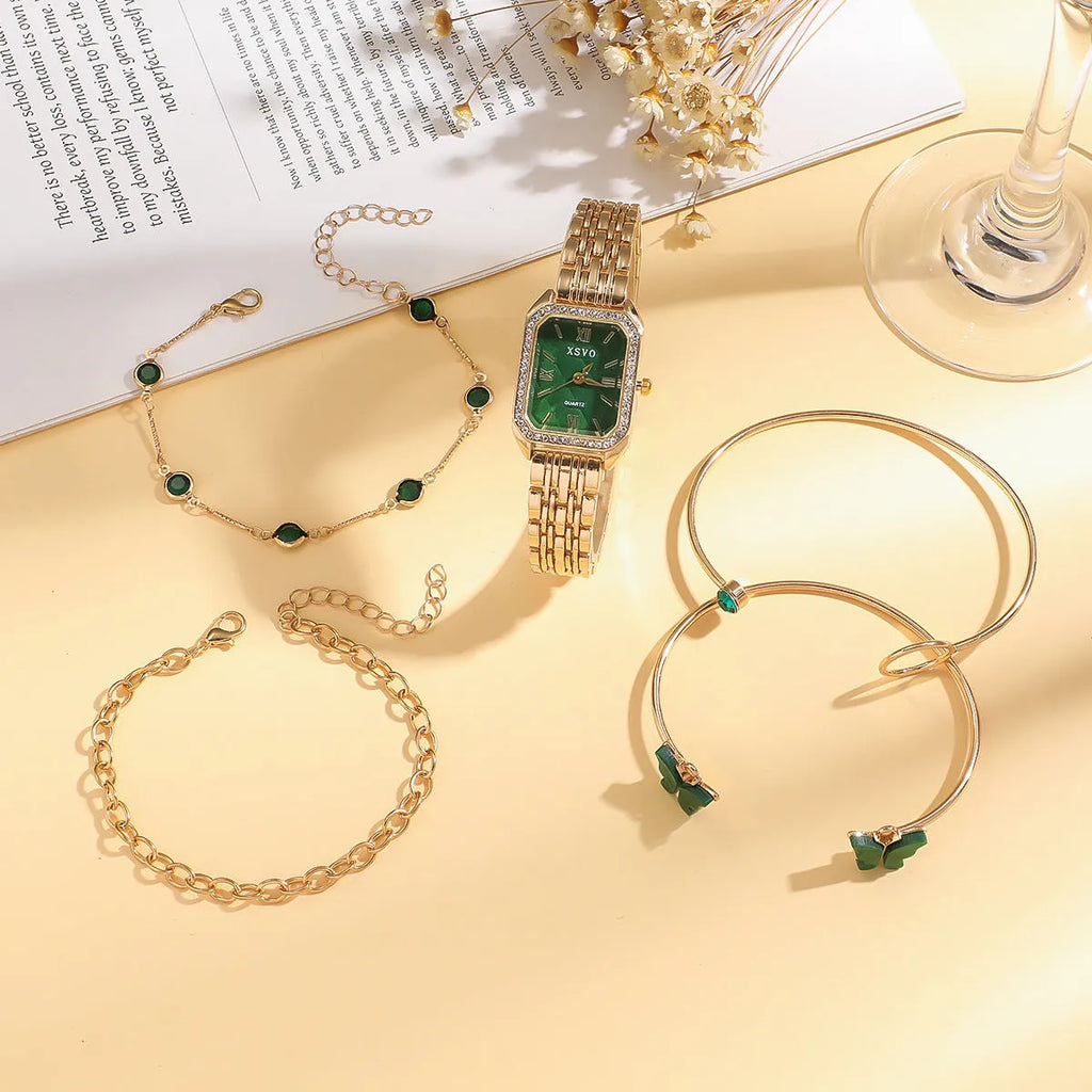 Wild Emerald gold green square ladies watch with four matching bracelets in gift set packaging