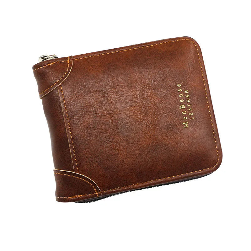 Men's short PU leather zipper coin purse in black with compact design
