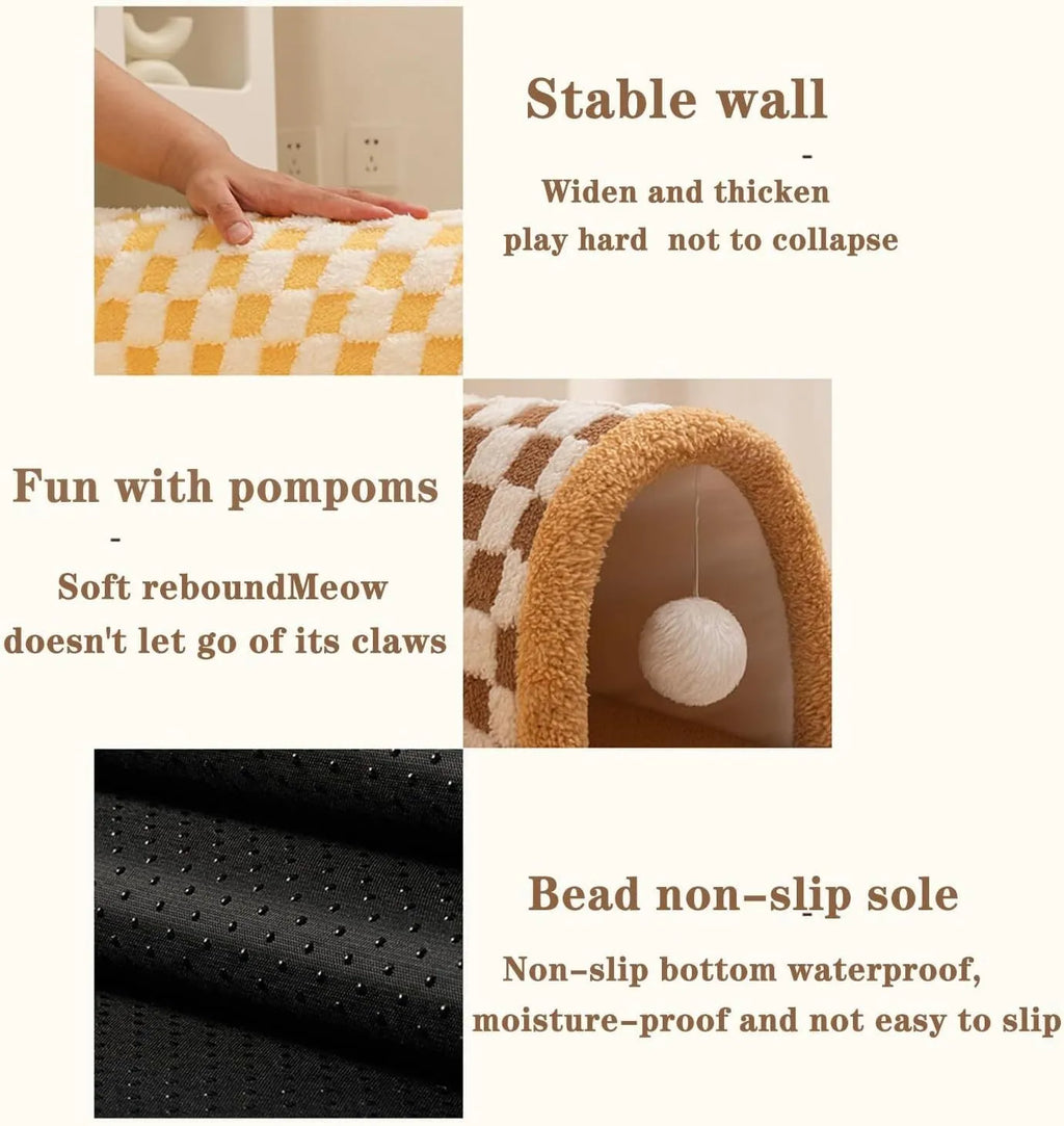 Brown plaid plush cat tunnel bed with central mat showing collapsible zipper design and non-slip bottom