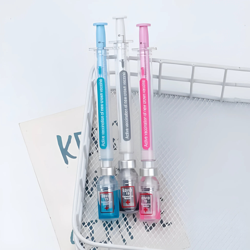 Vaccine design novelty gel pen showing 15.7cm length with black 0.5mm refill