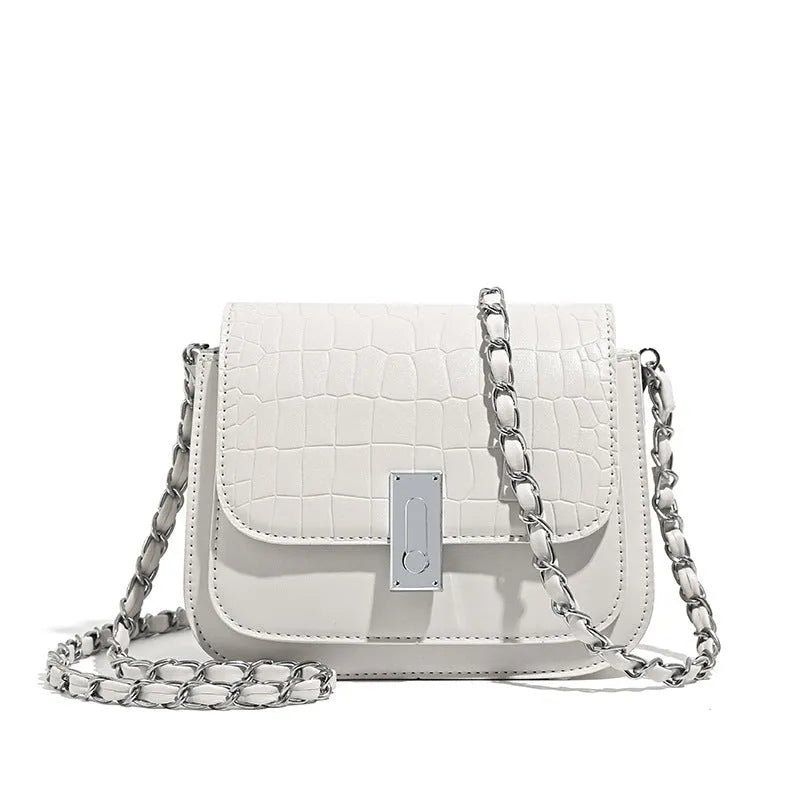 Soft black PU chain shoulder bag with sandwich pocket front and decorative sewing thread details