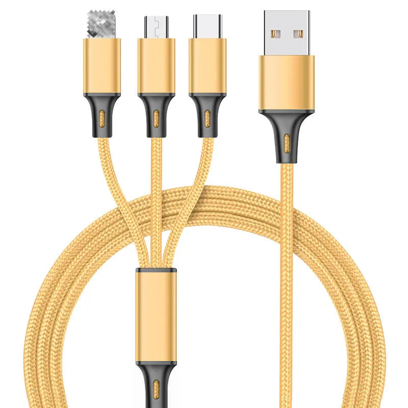3-in-1 braided charging cable with Lightning, Micro-USB and Type-C connectors in nylon braiding