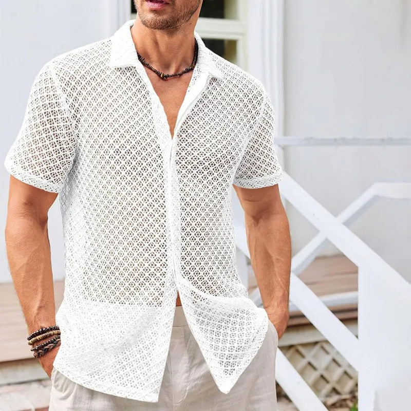Men's light coloured mesh short sleeve shirt with lapel collar on hanger