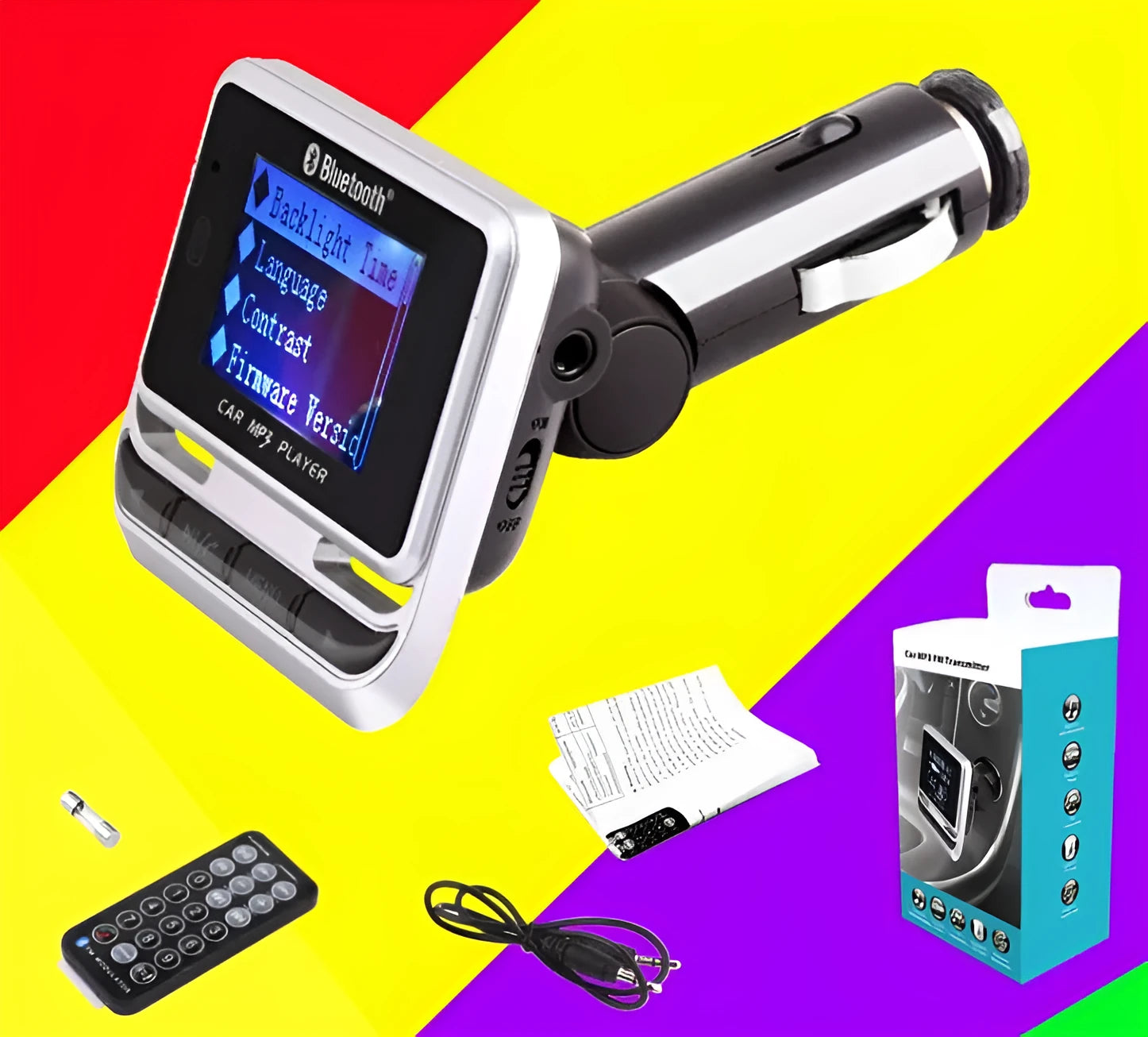 Silver Car Bluetooth MP3 player with monochrome screen and ABS plastic shell for vehicle use
