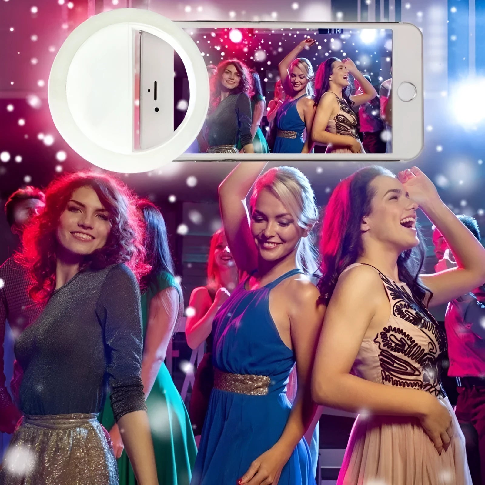 Smartphone clip-on LED ring light in multiple colours for mobile photography