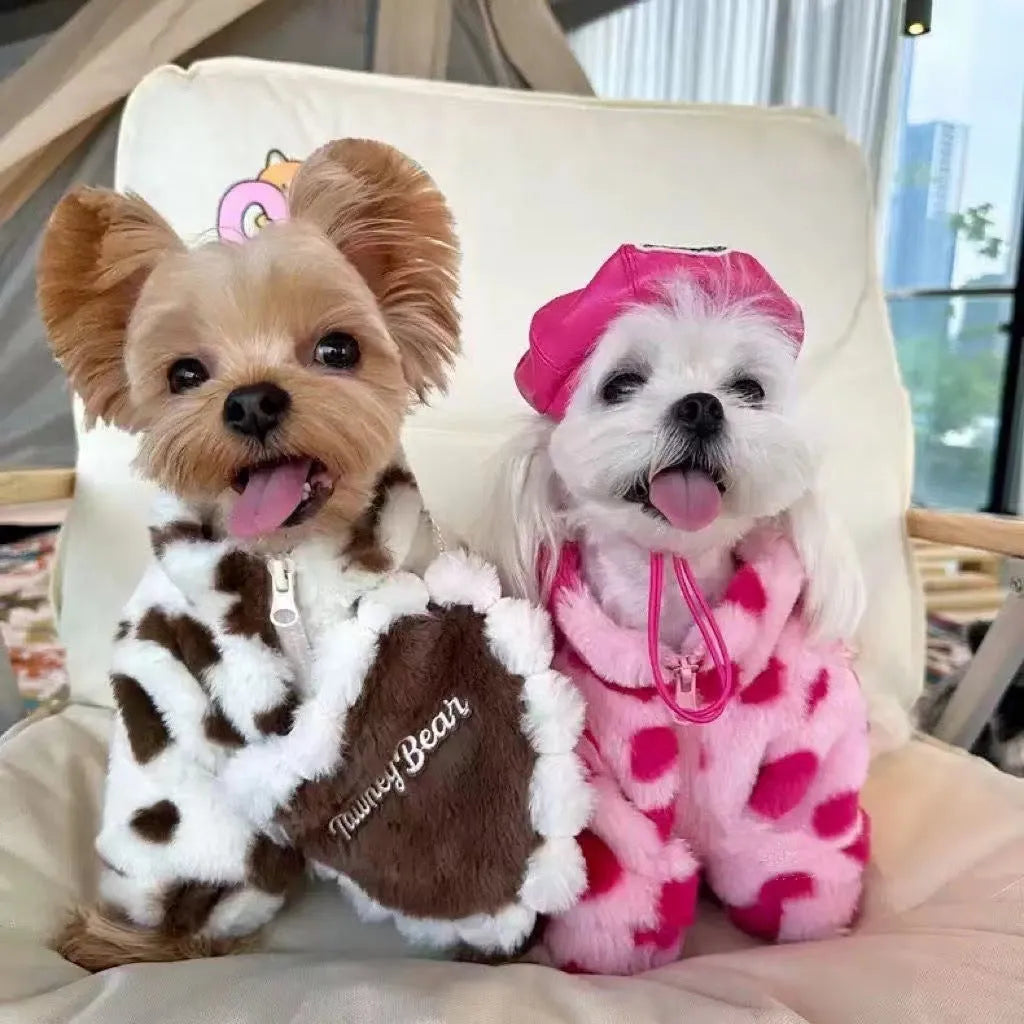 Pink polyester plush winter coat on small dog showing British-style pet clothing design