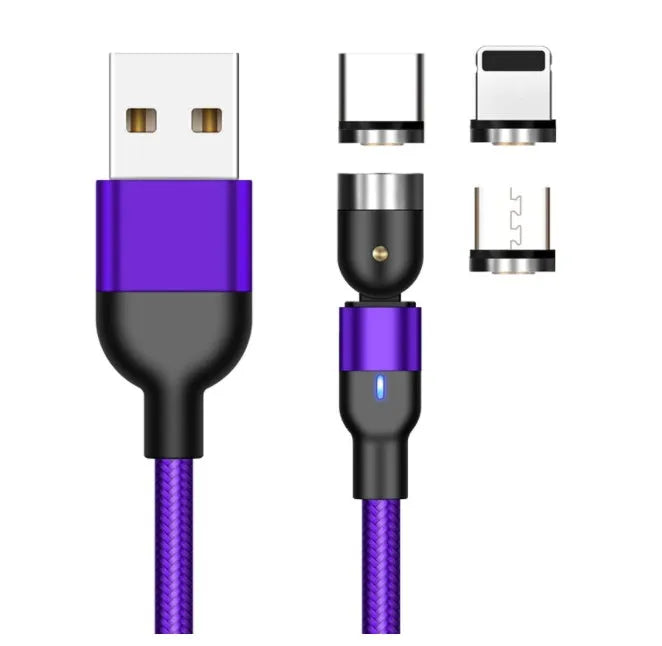 Essager black magnetic USB cable with rotating connector and blue LED light, shown next to phone