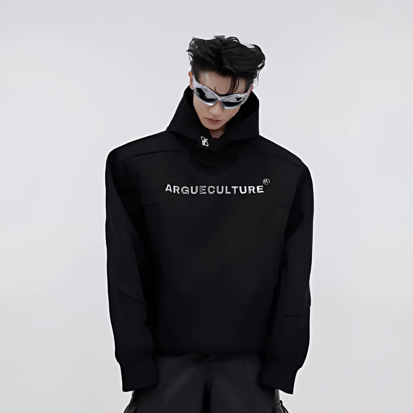 Men's loose-fit hooded sweatshirt with three-dimensional printing in red, black, and grey.