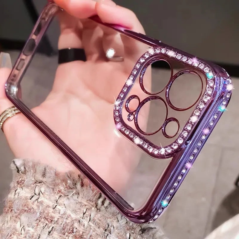 Rhinestone phone case for iPhone in silver with all-inclusive TPU silica gel design