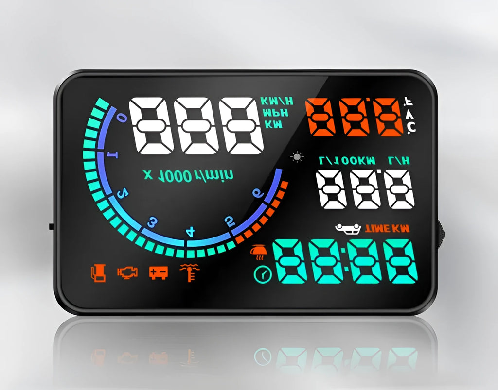 New i9 head up display with 5.5 inch aviation LED screen in black, showing speed and fuel data on a car dashboard