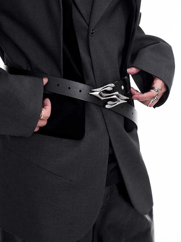 Black two-layer cowhide men's leather belt with metal letter buckle measuring 110cm
