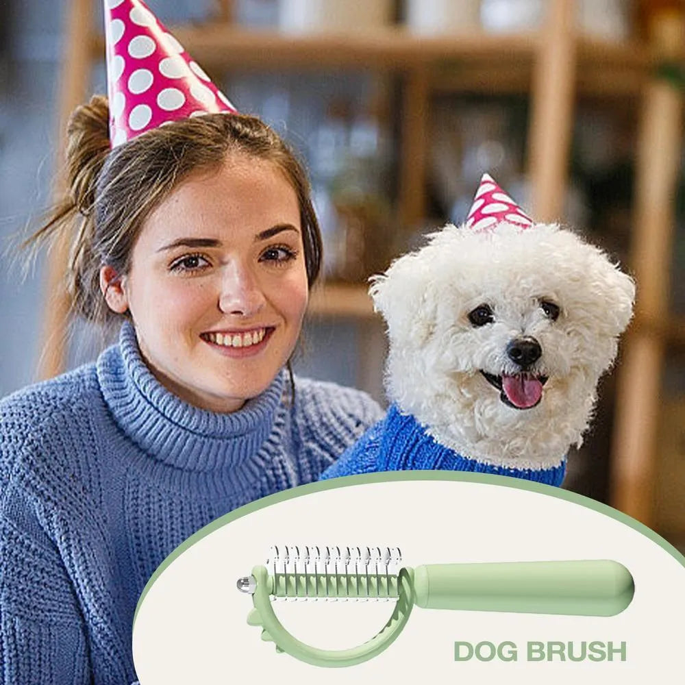 Blue dinosaur-shaped cat brush with self-cleaning feature and double-sided grooming heads