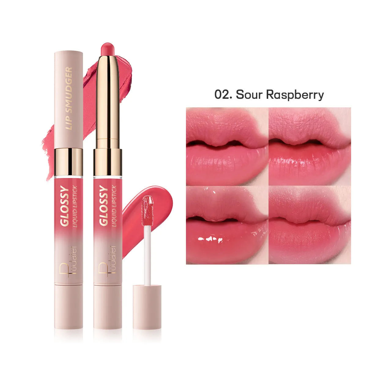 Double-headed matte lipstick and lip gloss cosmetic stick in one of ten available colours.