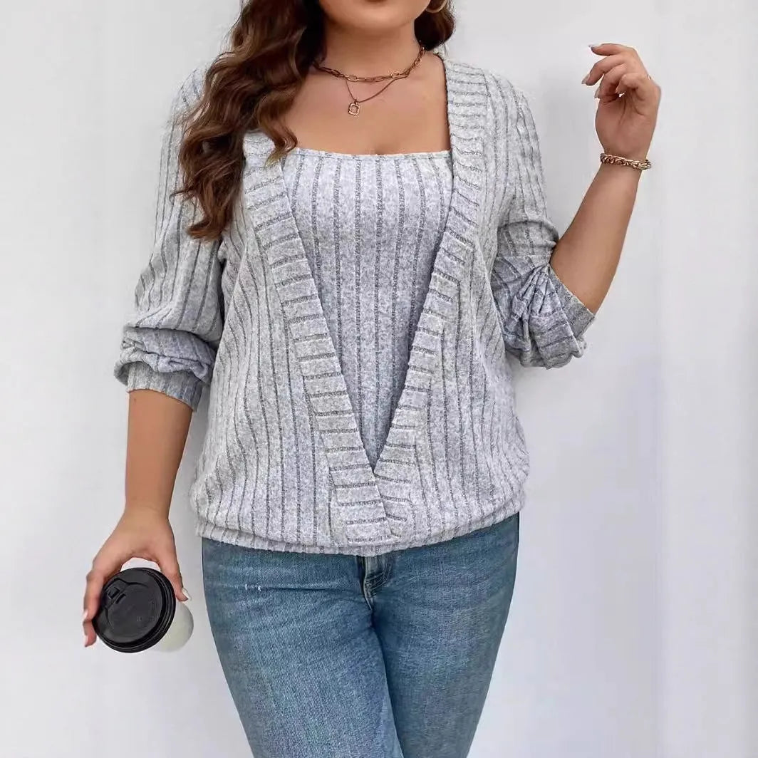 Women's solid colour ribbed false two-piece suit with V-neck and long sleeves