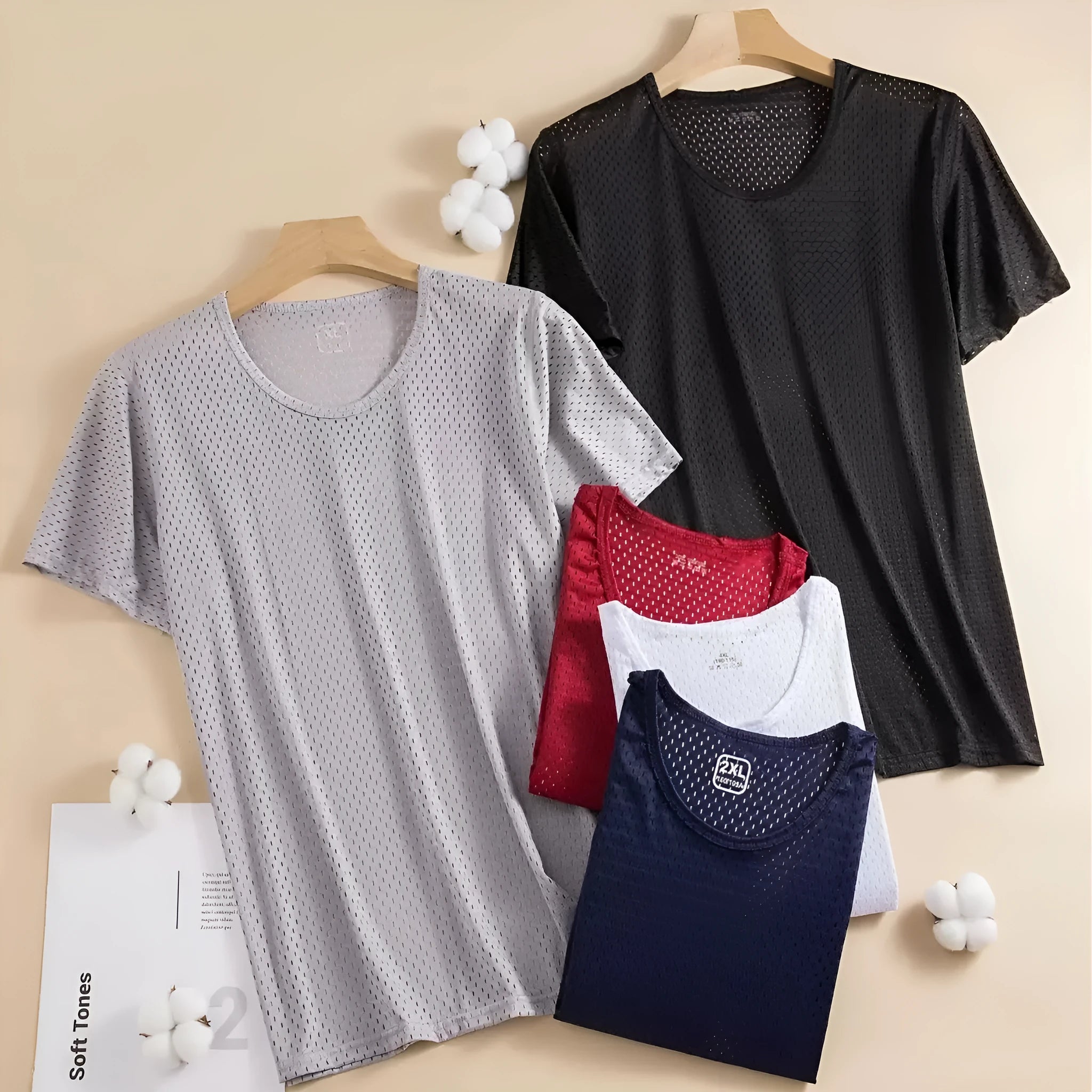 Men's solid colour Ice Silk short sleeve crew neck T-shirt in loose fit on a hanger.