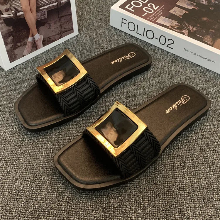 Women's flat summer slippers in apricot colour with a non-slip PVC sole.