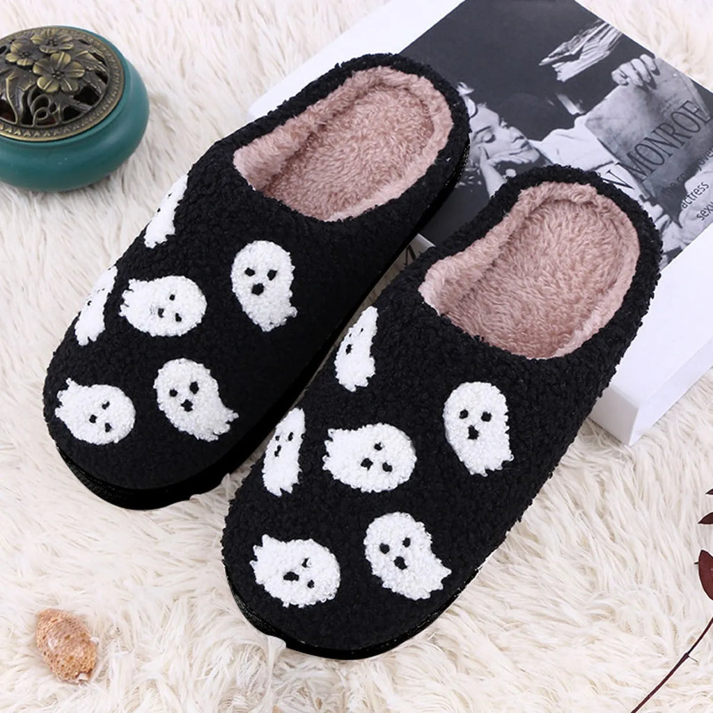 Halloween flat indoor slippers with non-slip sole, artificial plush upper, featuring spider ghost pattern