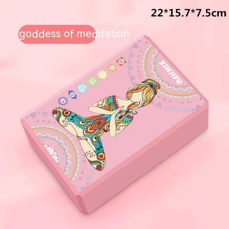 High-density EVA foam yoga block in various colours and prints on a workout mat.