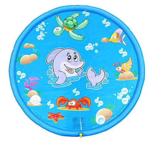 Blue PVC children's water spray play mat with marine animal designs, shown connected to a garden hose