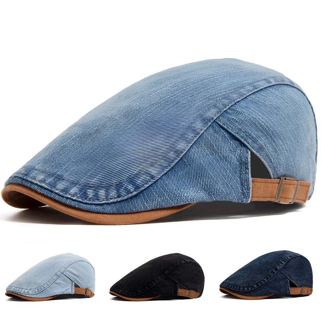 Retro men's cotton beret with dome crown in blue on white background