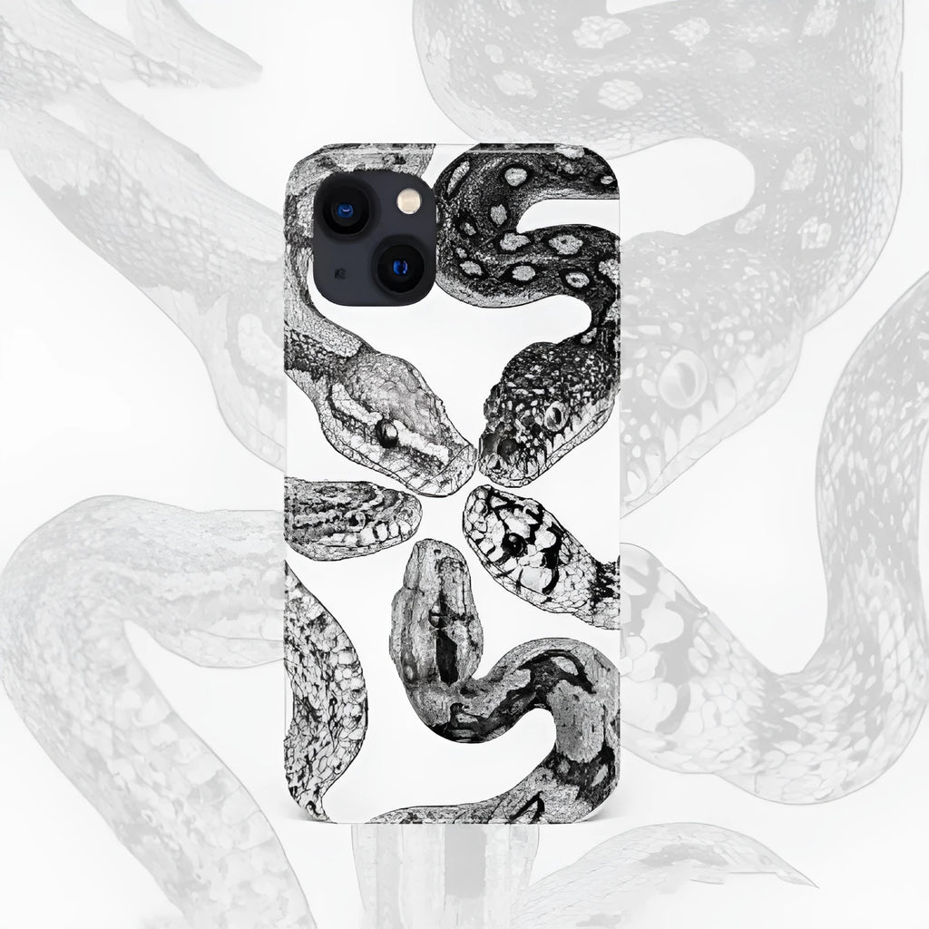 Black and white retro python illustration phone case for iPhone with frosted hard shell finish