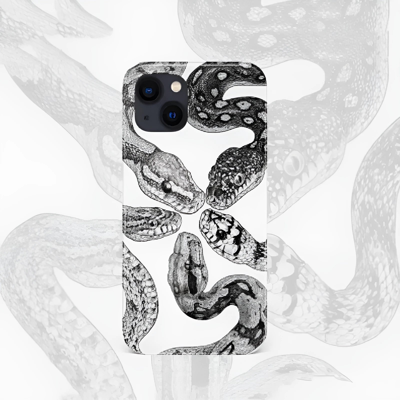 Black and white retro python illustration phone case for iPhone with frosted hard shell finish
