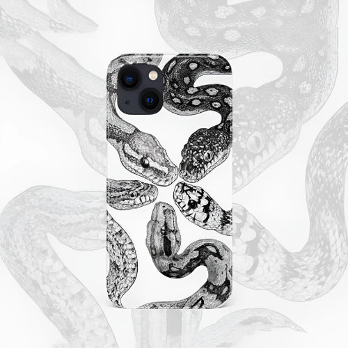 Black and white retro python illustration phone case for iPhone with frosted hard shell finish