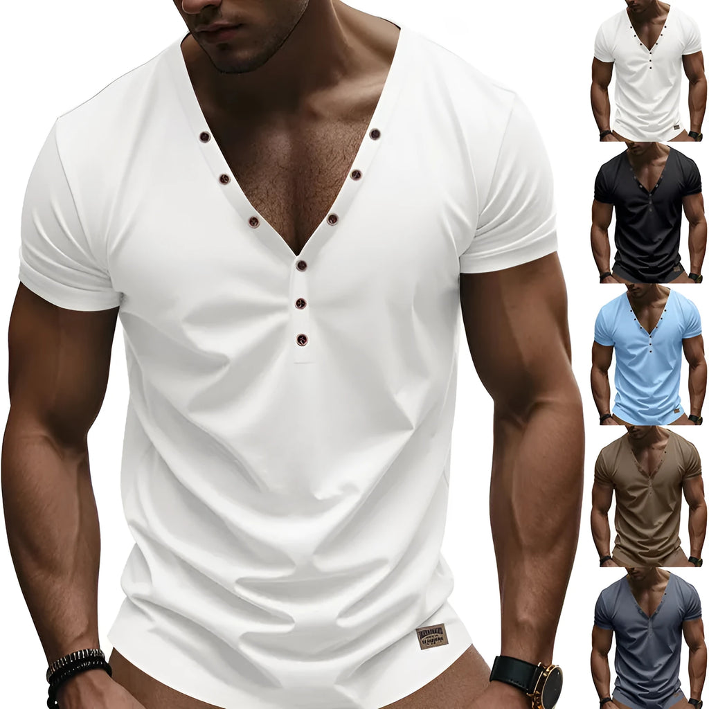 Men's loose V-neck pullover top with button design in light blue colour