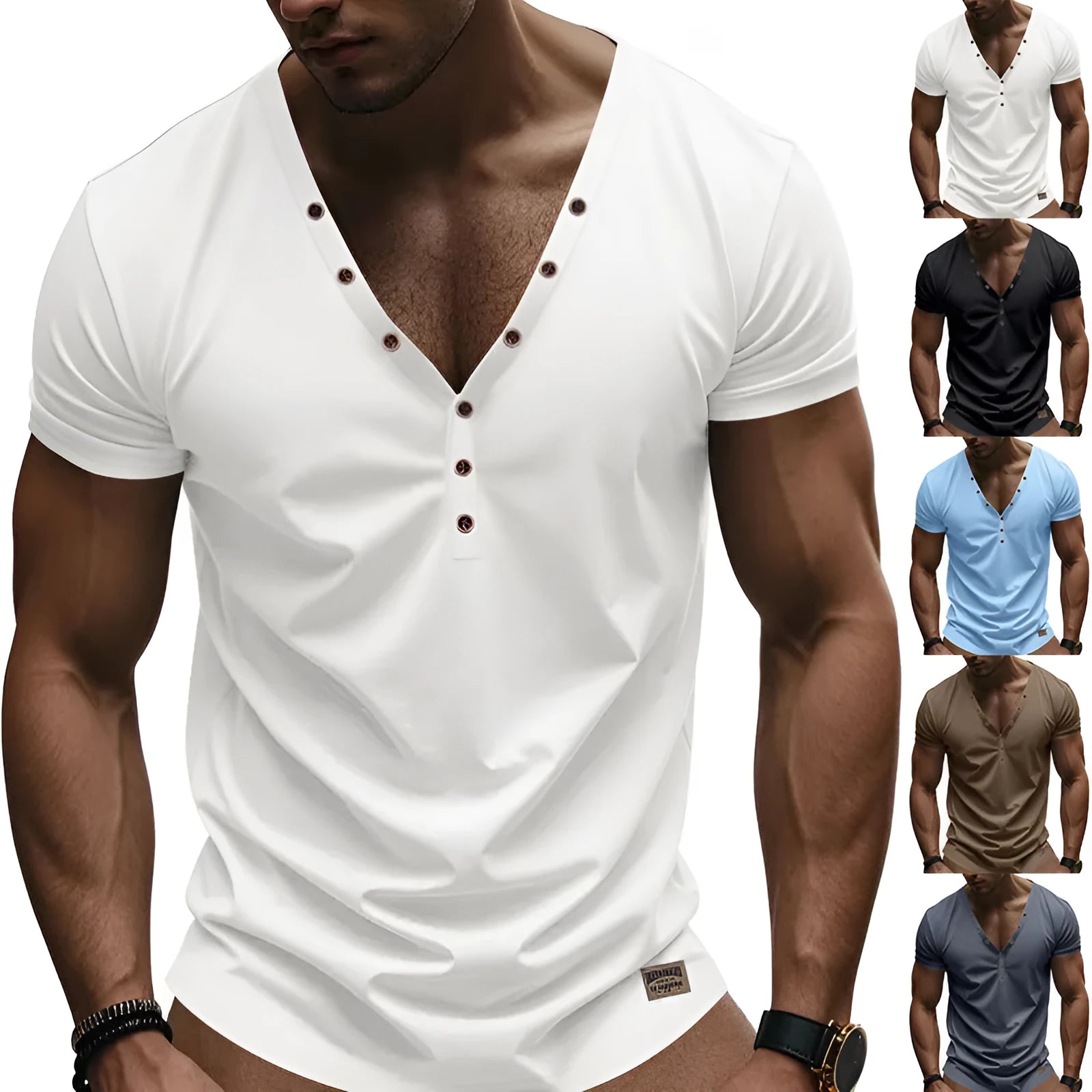 Men's loose V-neck pullover top with button design in light blue colour