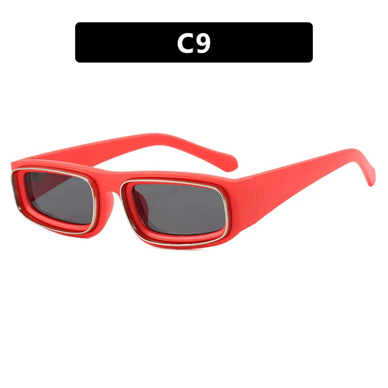 Double circle narrow frame square sun glasses in black with gray lens, retro punk street style design