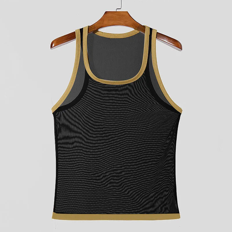 Men's black polyester mesh sleeveless fitness vest on a white background