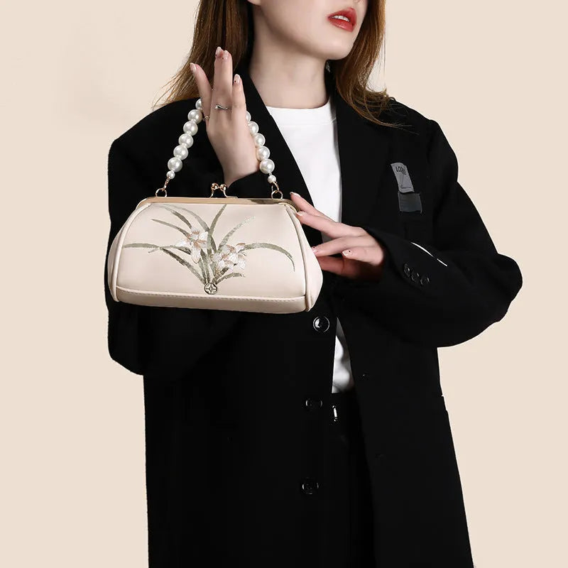 Beige embroidered PU shell shape women's shoulder bag with soft texture and casual style