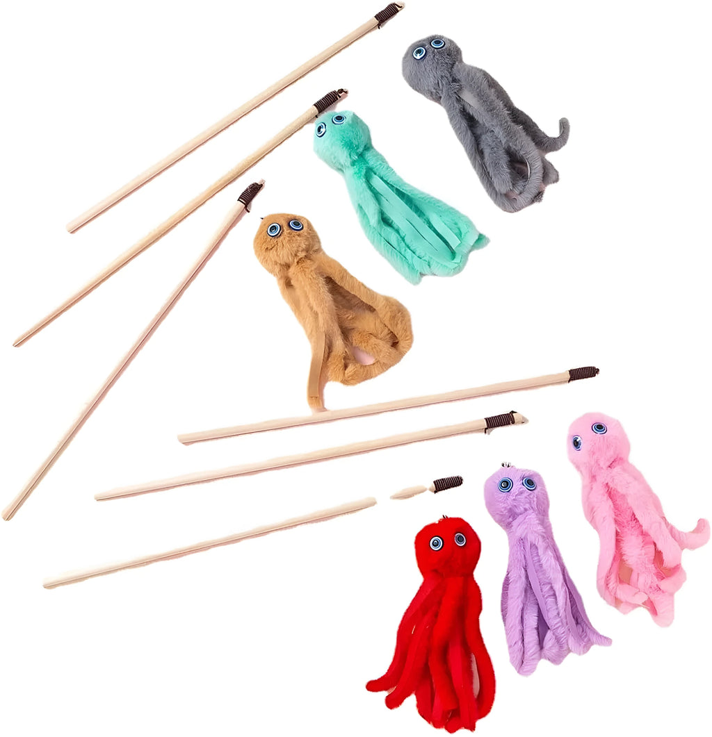 Grey furry octopus cat toy with eyes on a long stick for interactive indoor play with kittens.