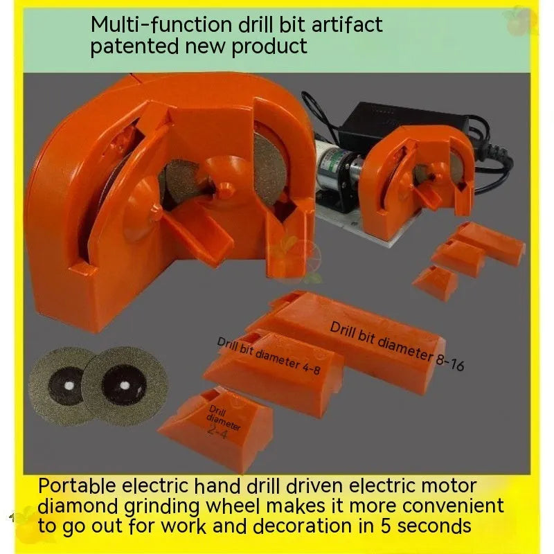 Portable universal grinding tool set with orange and black sander attachments and replacement grinding wheels.