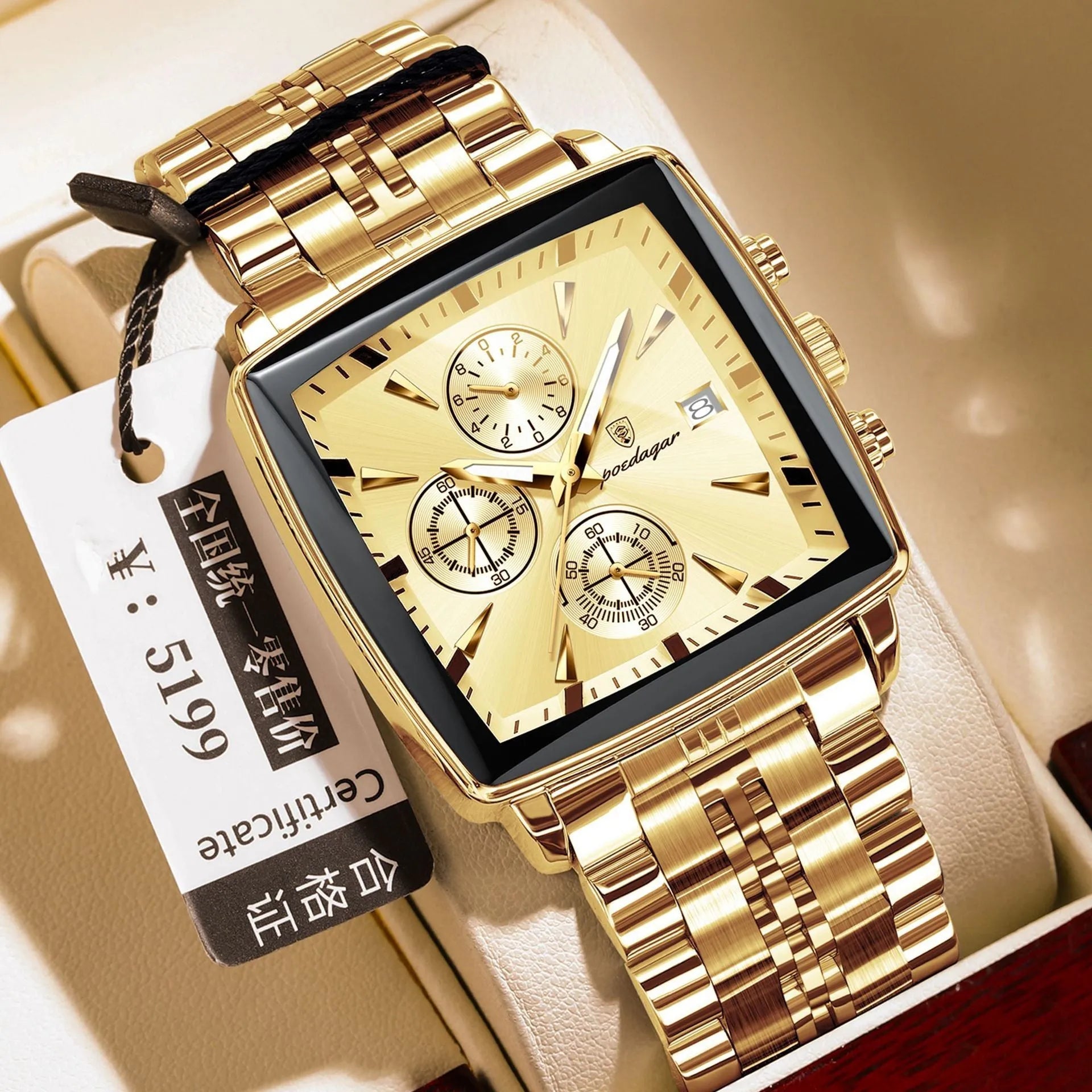 Square men's business watch with stainless steel strap and mineral glass face