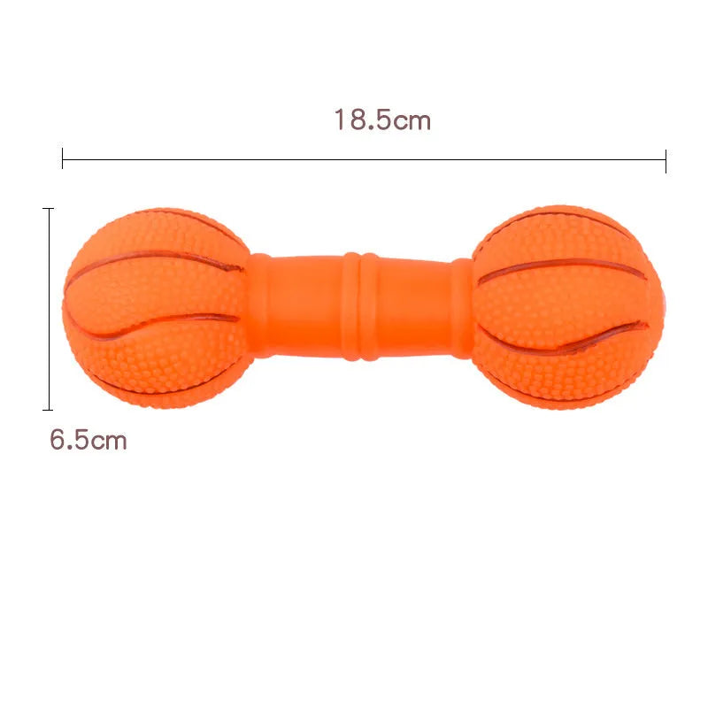 Football dumbbell shaped dog chew toy with squeaker in brown, orange, white, and yellow colour options.