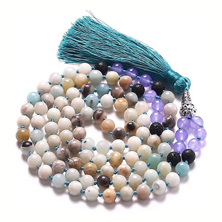 Agate tassel necklace with geometric pattern featuring multiple colourful stones including amethyst and lapis lazuli