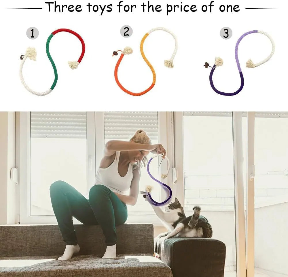 70cm long cat chew rope toy in three colours: purple, orange, and red with green, made from cotton string