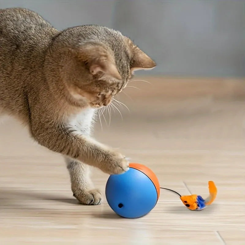 Blue and orange interactive cat toy ball with plush mouse interior and feather wand teaser for feline exercise