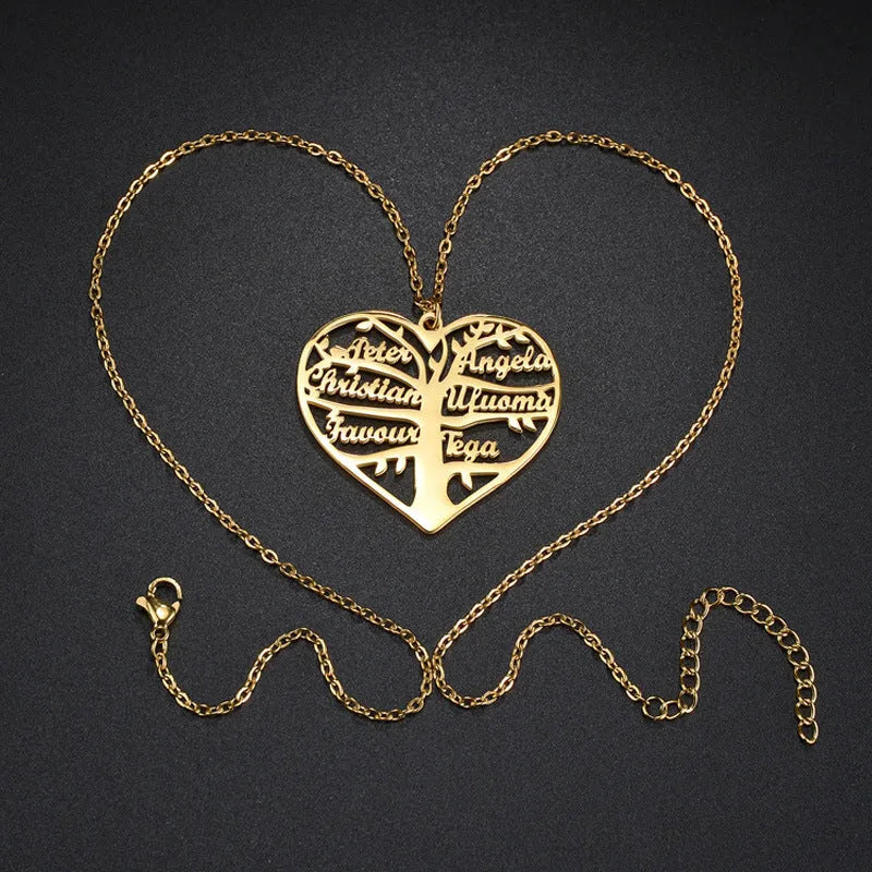 Custom stainless steel name necklace with hollow heart pendant showing engraved names in a family tree design.