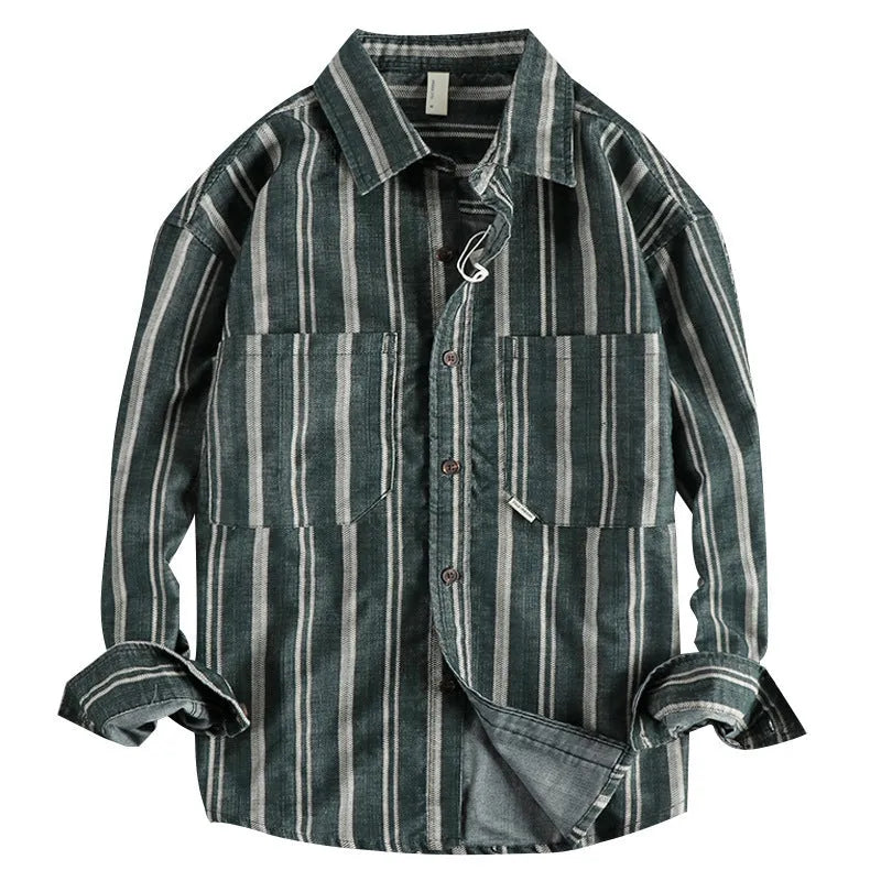 Men's vintage striped casual shirt in loose Japanese retro style with long sleeves