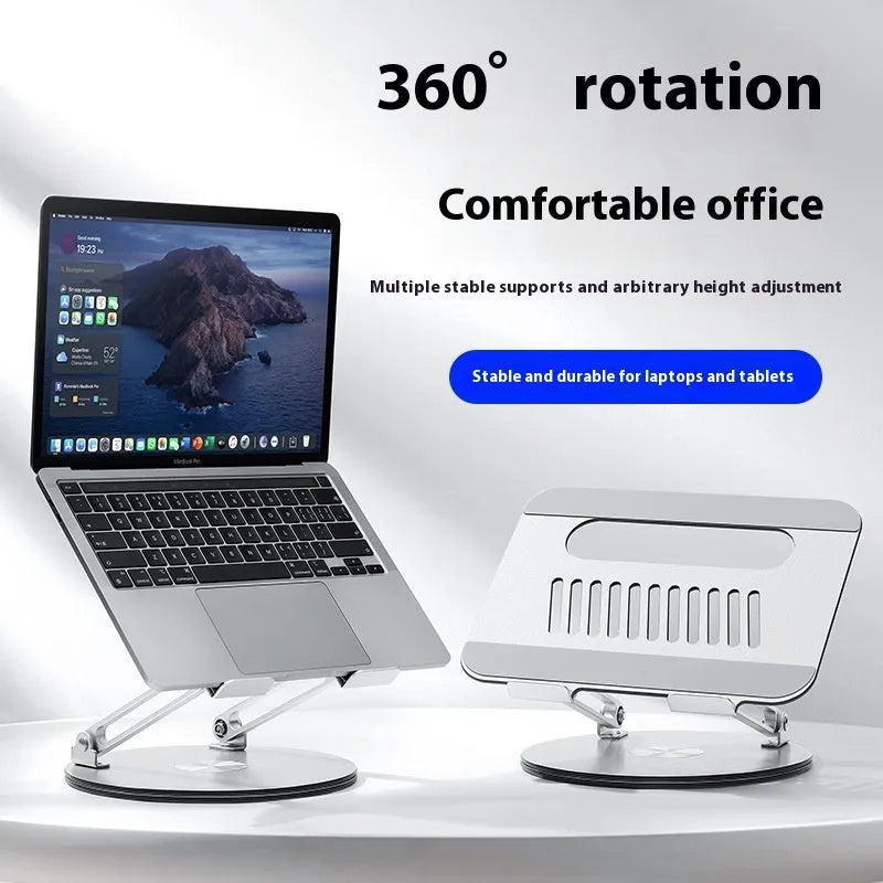 Silver aluminium alloy laptop stand shown in an adjustable, rotatable, and folded position