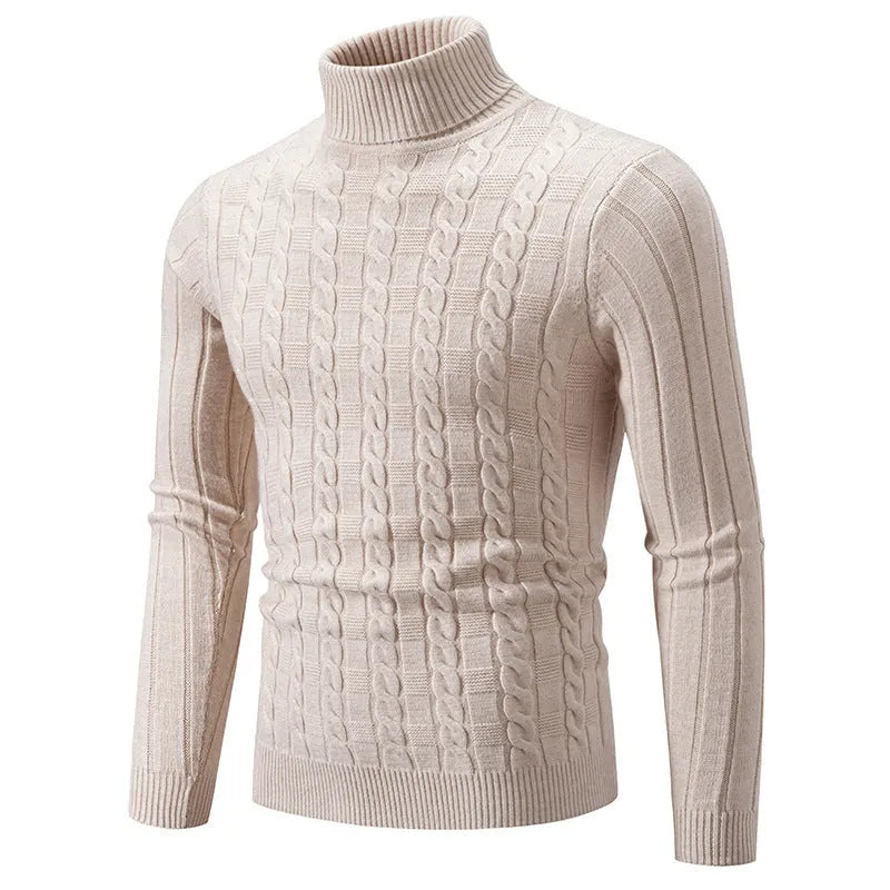 Men's slim twist turtleneck pullover sweater in chenille fabric displayed in multiple colour options