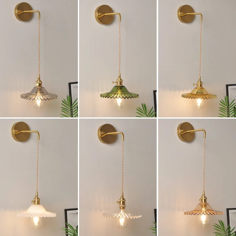 Retro copper lotus wall lamp with glass shade in choice of six colours, suspended from a wall