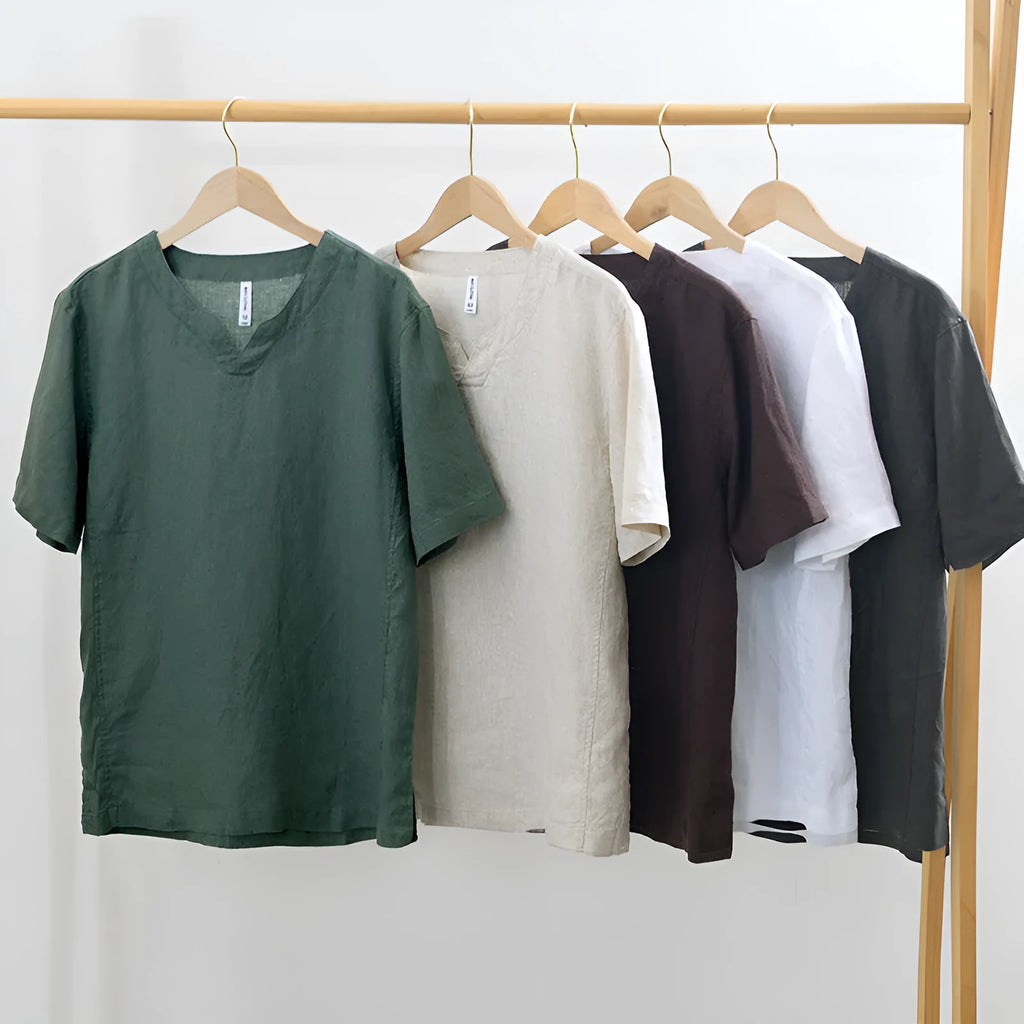 Linen short sleeve pullover T-shirt top in brown, green, dark gray, khaki, and white colours