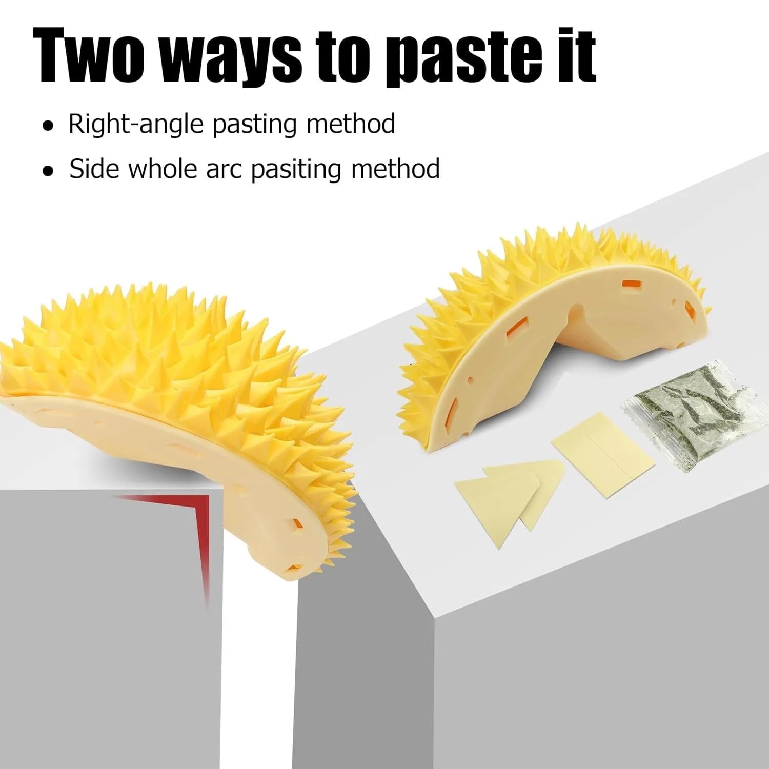 Yellow durian-shaped cat corner scratcher mounted on wall with catnip powder packet