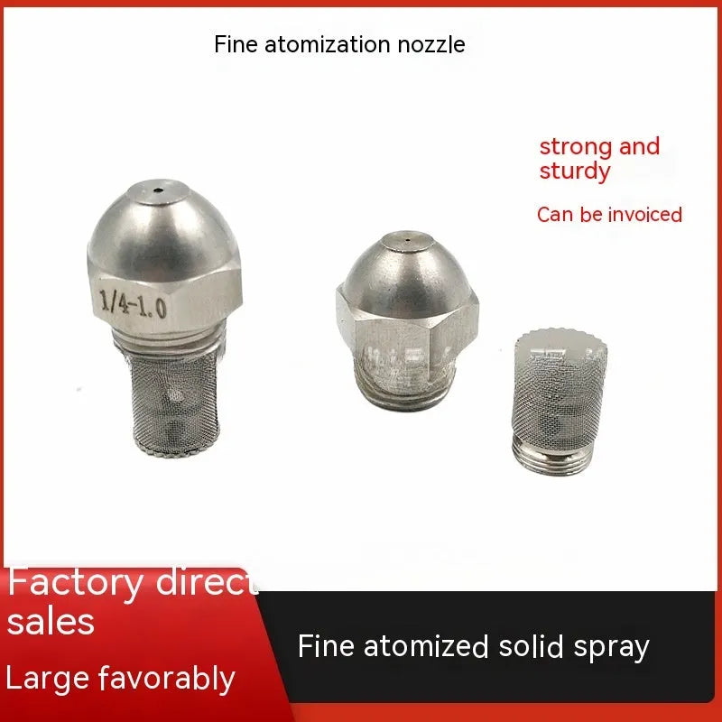 304 stainless steel two-point industrial spray nozzle with external thread and filter screen for atomisation.