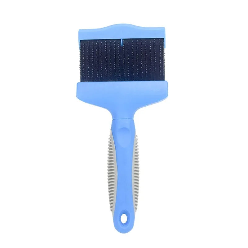 Blue double-sided pet brush with stainless steel pins and ergonomic handle on a white background