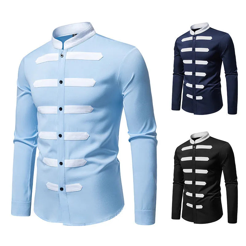 Men's slim fit casual long sleeve shirt in black, light blue, or navy blue made from polyester fabric