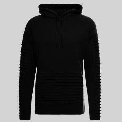 Mens long sleeve pleated stripes hoodie with lapel collar, black, worn casually